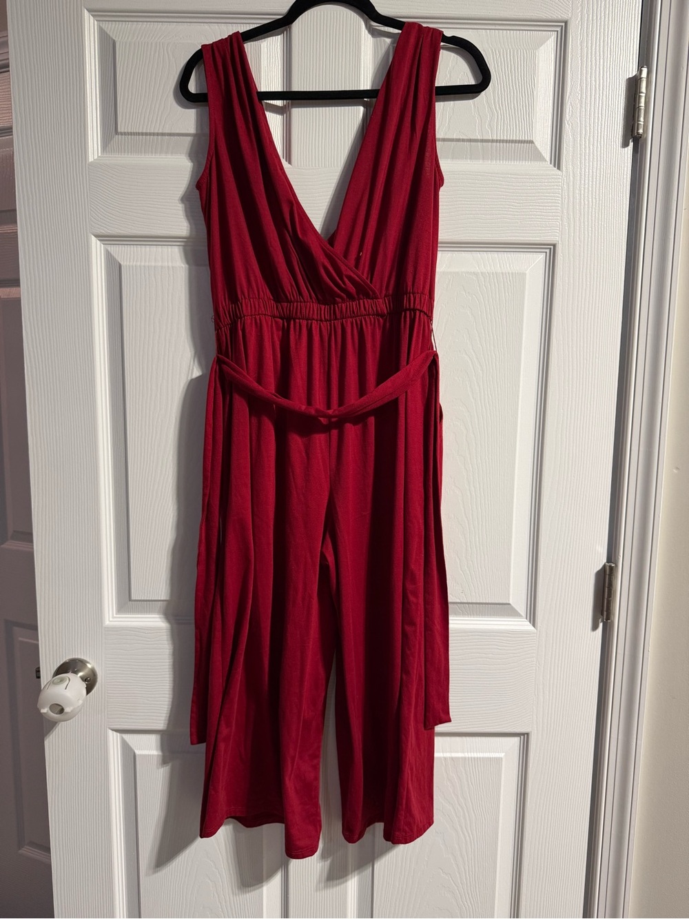 Time and Tru Sleeveless Deep Red V-Neck Jumpsuit with Waist Tie
